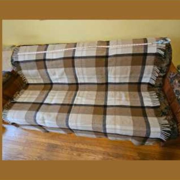 Vintage, traditional, woven wool, fringed blanket, picnic blanket, throw, browns - Picture 2 of 8